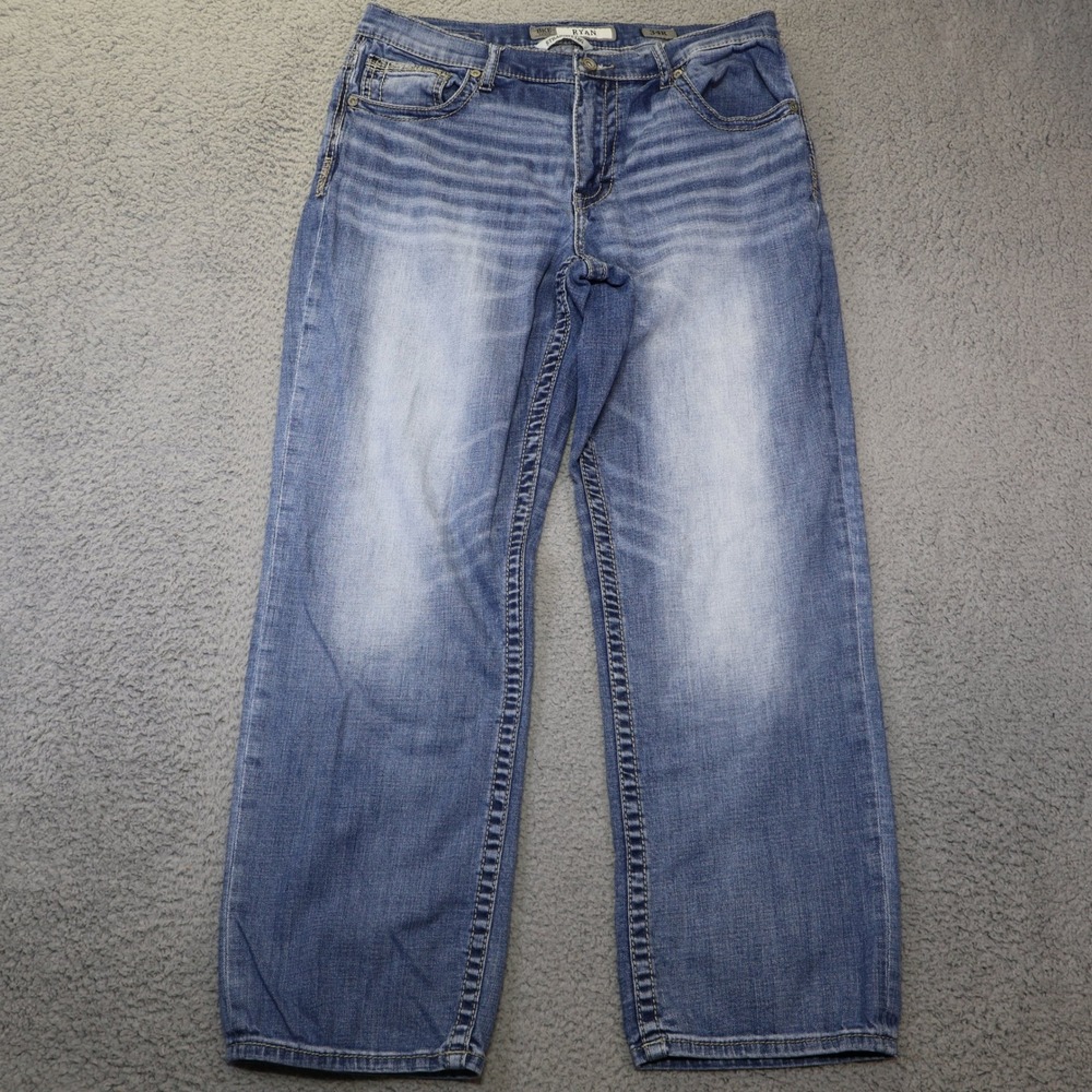 BKE Ryan Straight Leg Mens Jeans 34R Medium Wash Denim Blue Whiskered Pants